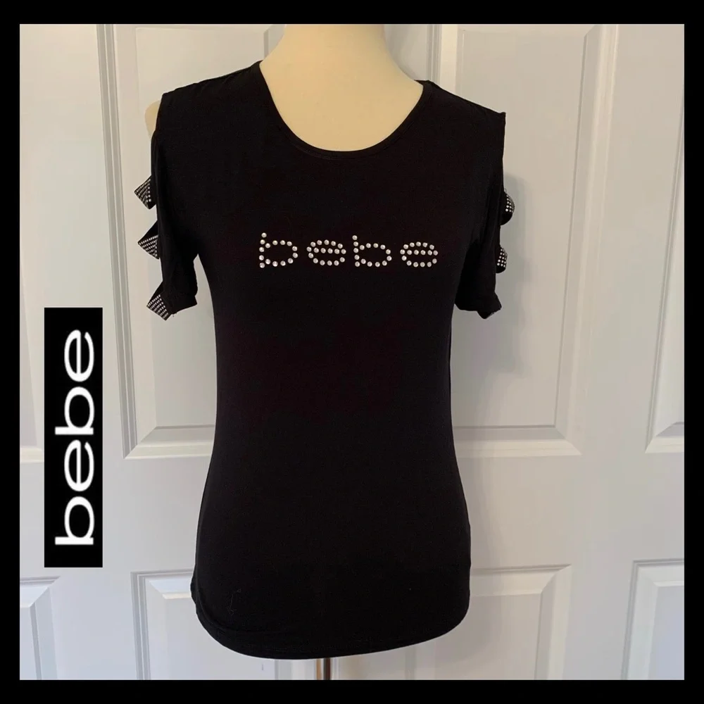 Bebe Black Embellished Logo Top: 3 Banded Open Crystal Sleeves - Picture 1 of 4